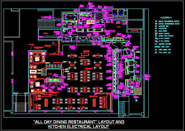 Commercial Kitchen and Restaurant Layout & Electrical Plan- DWG Download